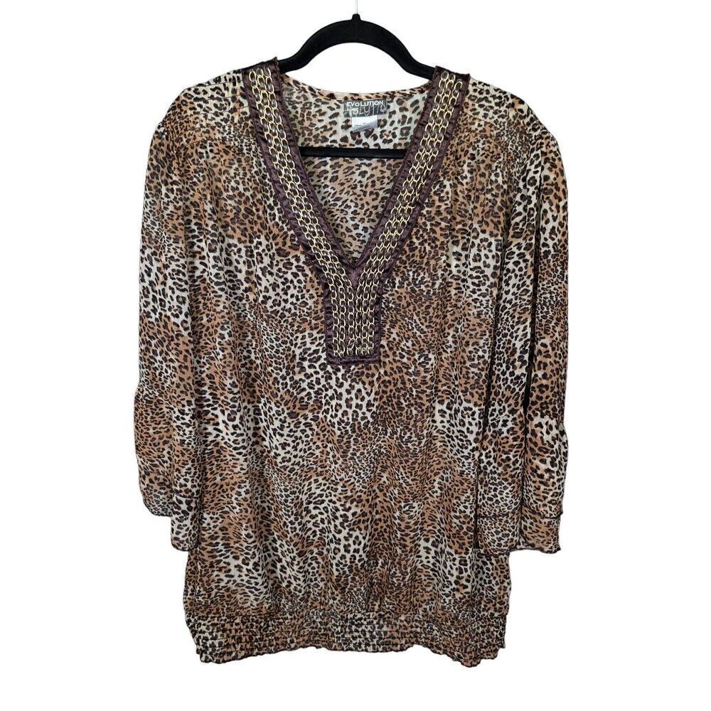 Women's EVOLUTION by JMS Tunic Sheer Animal Print 3/4 Bell Sleeves Women's Size